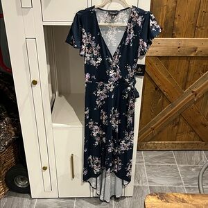 Navy Floral Wrap High Low Dress